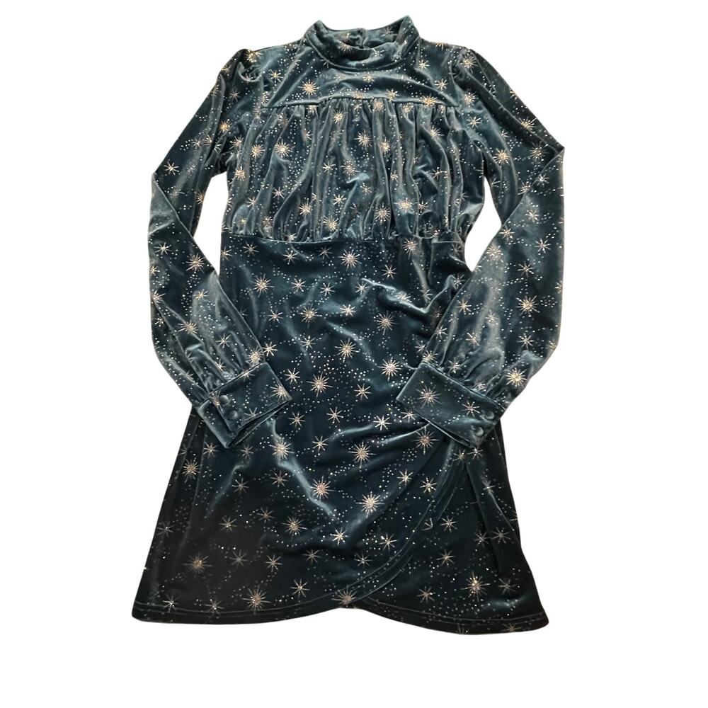 NEW Cider Blue Velvet Star Print Mini Dress Mock Neck Long Sleeve‎ Womens L